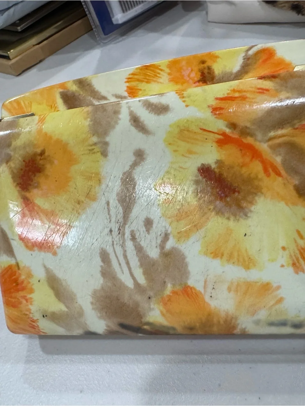 Vintage Velvet Ring Display Box with Flowers on it - Yellow/Gold